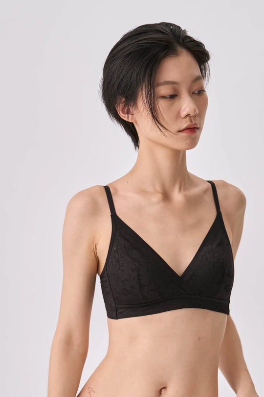 花柄レーストライアングルブラ 上下セット｜ブラック