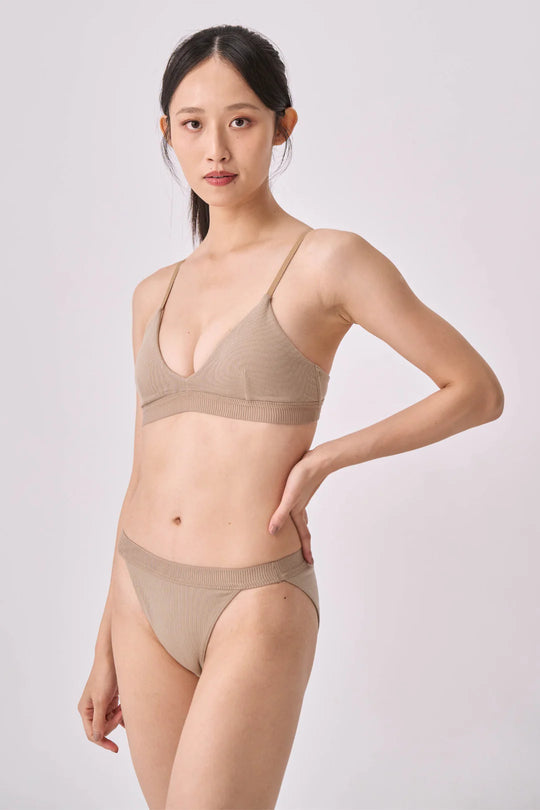 プリーツビキニトライアングルブラ 上下セット｜カーキ