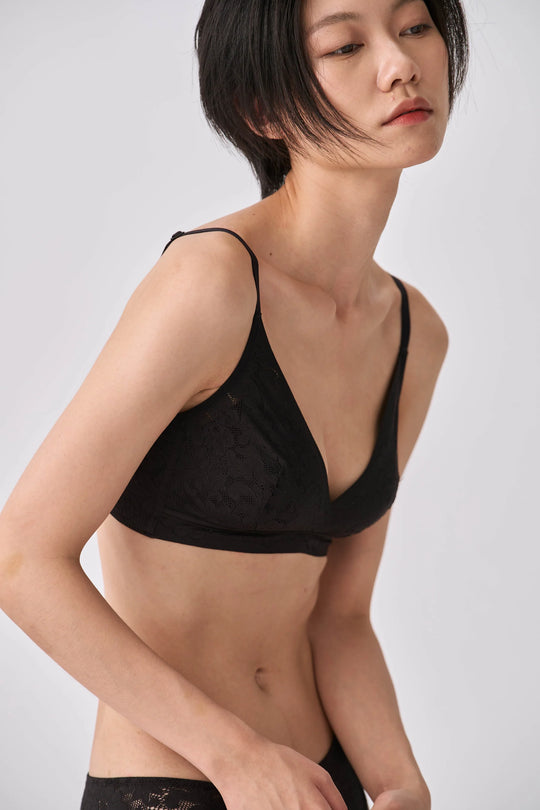花柄レーストライアングルブラ 上下セット｜ブラック